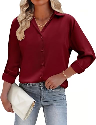 CMTOP Bluse Damen Satin Bluse V-Ausschnitt Hemden Langarmshirt Elegant Button Down Business Oberteile Longbluse Satinblusen Lässig Knöpfen Locker Tuniken (Burgund, M) von CMTOP