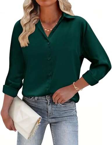 CMTOP Bluse Damen Satin Bluse V-Ausschnitt Hemden Langarmshirt Elegant Button Down Business Oberteile Longbluse Satinblusen Lässig Knöpfen Locker Tuniken (Dunkelgrün, S) von CMTOP