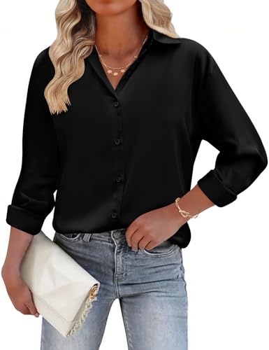 CMTOP Bluse Damen Satin Bluse V-Ausschnitt Hemden Langarmshirt Elegant Button Down Business Oberteile Longbluse Satinblusen Lässig Knöpfen Locker Tuniken (Schwarz, L) von CMTOP
