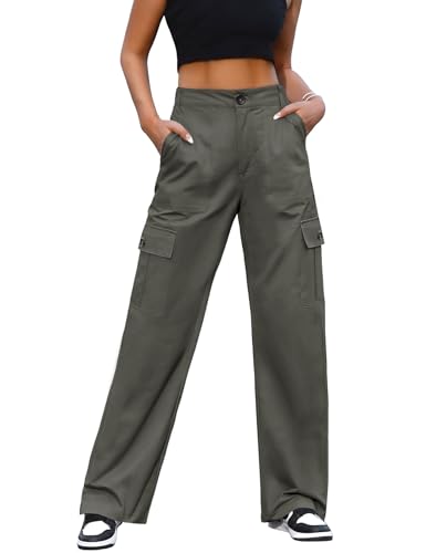 CMTOP Cargohose Damen Elastischen Hohe Taille Hose mit 6 Taschen Y2K Gerade Beine Wanderhose Militärhose Baggy Sport Jogginghose(Graugrün,L) von CMTOP