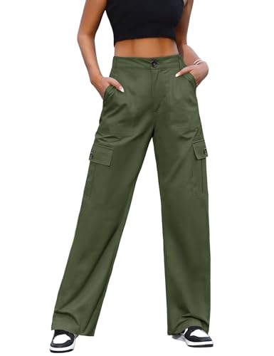 CMTOP Cargohose Damen Elastischen Hohe Taille Hose mit 6 Taschen Y2K Gerade Beine Wanderhose Militärhose Baggy Sport Jogginghose(Grün,L) von CMTOP