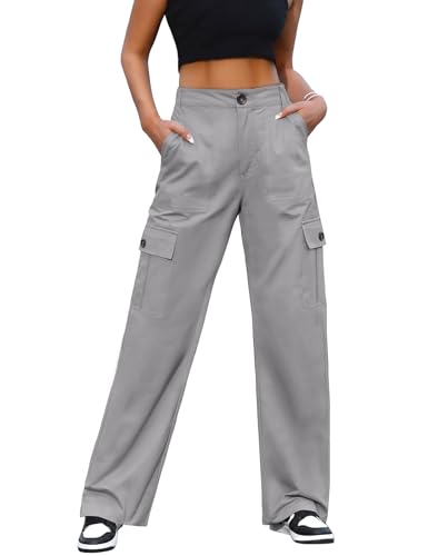 CMTOP Cargohose Damen Elastischen Hohe Taille Hose mit 6 Taschen Y2K Gerade Beine Wanderhose Militärhose Baggy Sport Jogginghose(Hellgrau,L) von CMTOP