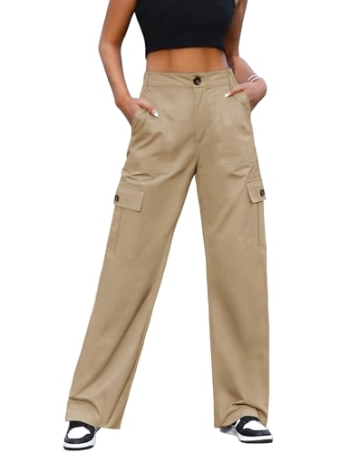 CMTOP Cargohose Damen Elastischen Hohe Taille Hose mit 6 Taschen Y2K Gerade Beine Wanderhose Militärhose Baggy Sport Jogginghose(Khaki,L) von CMTOP