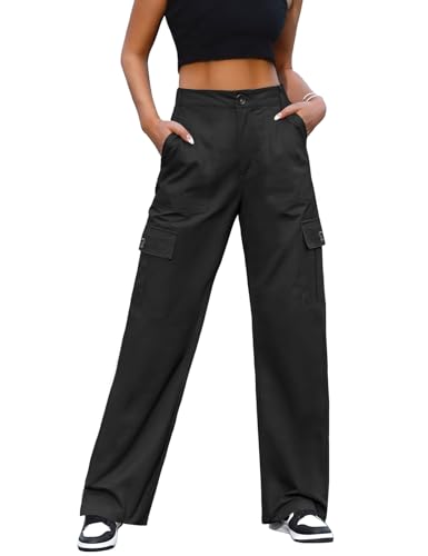 CMTOP Cargohose Damen Elastischen Hohe Taille Hose mit 6 Taschen Y2K Gerade Beine Wanderhose Militärhose Baggy Sport Jogginghose(Schwarz,L) von CMTOP