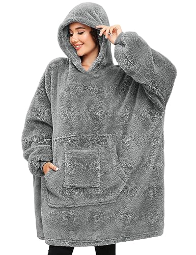 CMTOP Dame Teddy-Fleece Decken Hoodies mit der Kapuze Frau Kuscheldecke Pulli Tragbare Decken Wearable Blanket Hellgrau von CMTOP