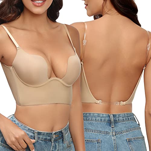 CMTOP Damen BH Deep U Bra Multiway Plunge Push-Up Unterwäsche Mit Abnehmbar Träger(Verschenken 3 Stück Durchsichtigem Wandelbarer SchulterTräger, Farbe, 80A) von CMTOP