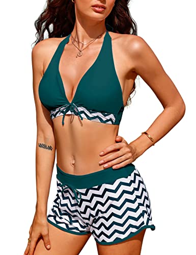 CMTOP Damen Badeanzug Gepolstert Bikini Set Tiefer V Ausschnitt Sportlich Zweiteiliger Neckholder Bademode Push Up Bikinioberteil mit Shorts Strandbikini (Blau,S) von CMTOP