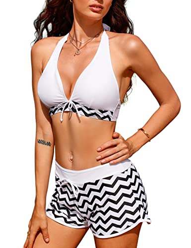 CMTOP Damen Badeanzug Gepolstert Bikini Set Tiefer V Ausschnitt Sportlich Zweiteiliger Neckholder Bademode Push Up Bikinioberteil mit Shorts Strandbikini (Weiß,XL) von CMTOP