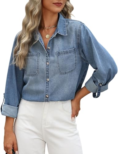 CMTOP Damen Jeanshemd Button Down Jeansbluse Langarmshirt Elegant V-Ausschnitt Jeansjacke Lässig Oberteile Hemdbluse Langarm Locker Tuniken mit Brusttaschen (Dunkelblau, M) von CMTOP