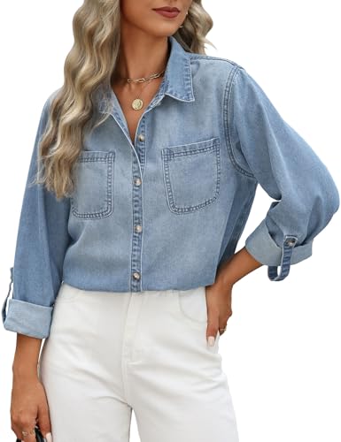 CMTOP Damen Jeanshemd Button Down Jeansbluse Langarmshirt Elegant V-Ausschnitt Jeansjacke Lässig Oberteile Hemdbluse Langarm Locker Tuniken mit Brusttaschen (Hellblau, M) von CMTOP