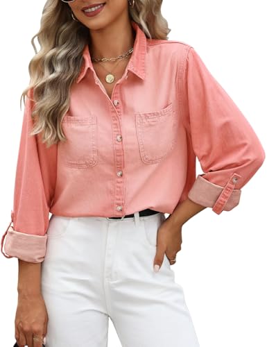 CMTOP Damen Jeanshemd Button Down Jeansbluse Langarmshirt Elegant V-Ausschnitt Jeansjacke Lässig Oberteile Hemdbluse Langarm Locker Tuniken mit Brusttaschen (Rose Pink, XL) von CMTOP