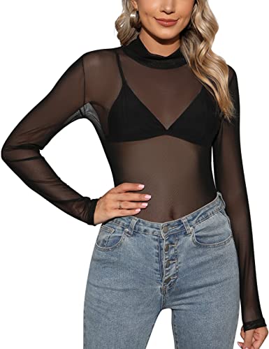 CMTOP Damen Langarm Shirt Elegant Bluse Rundhals T-Shirt Transparent Tüll Mesh Oberteile Casual Tops Schwarz(B,L) von CMTOP