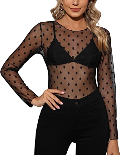 CMTOP Damen Langarm Shirt Elegant Bluse Rundhals T-Shirt Transparent Tüll Mesh Oberteile Casual Tops Schwarz(D,XL) von CMTOP