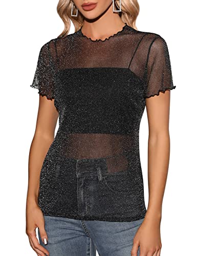 CMTOP Damen Langarm Shirt Elegant Bluse Rundhals T-Shirt Transparent Tüll Mesh Oberteile Casual Tops Schwarz(G,S) von CMTOP