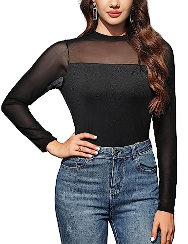 CMTOP Damen Langarm Shirt Elegant Bluse Rundhals T-Shirt Transparent Tüll Mesh Oberteile Casual Tops Schwarz(H,S) von CMTOP