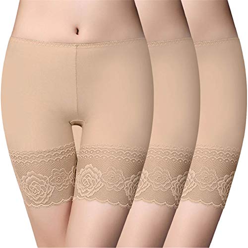 CMTOP Damen Panties Boxershorts nahtlos Unter Rock Kurz Hose Spitze Shorts Sicherheit Panty Lace Leggings Kurze Tight mit Anti-Chafing Anti-Rutsch Lace(3 Hauttöne,L) von CMTOP