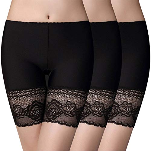 CMTOP Damen Panties Boxershorts nahtlos Unter Rock Kurz Hose Spitze Shorts Sicherheit Panty Lace Leggings Kurze Tight mit Anti-Chafing Anti-Rutsch Lace(3 schwarz,L) von CMTOP