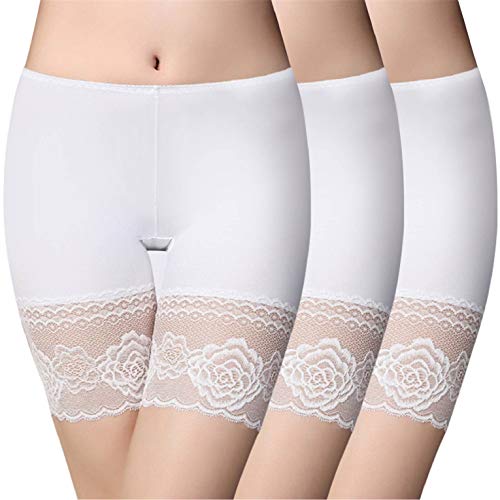 CMTOP Damen Panties Boxershorts nahtlos Unter Rock Kurz Hose Spitze Shorts Sicherheit Panty Lace Leggings Kurze Tight mit Anti-Chafing Anti-Rutsch Lace(3 weiß,M) von CMTOP