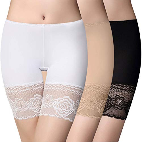 CMTOP Damen Panties Boxershorts nahtlos Unter Rock Kurz Hose Spitze Shorts Sicherheit Panty Lace Leggings Kurze Tight mit Anti-Chafing Anti-Rutsch Lace(Schwarz + Hautton + Weiß,L) von CMTOP