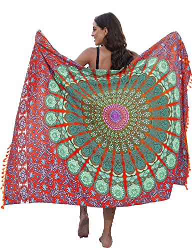 CMTOP Damen Sarong Strand Wrap Vertuschung Chiffon Badeanzug Bikini Cover up Wickelröcke Sexy Pareos Strandkleider mit Quasten zum Tragen über Badeanzügen(Rot grün,Einheitsgröße) von CMTOP