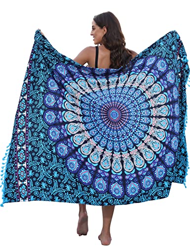 CMTOP Damen Sarong Strand Wrap Vertuschung Chiffon Badeanzug Bikini Cover up Wickelröcke Sexy Pareos Strandkleider mit Quasten zum Tragen über Badeanzügen(rund Pfauenblau,Einheitsgröße) von CMTOP