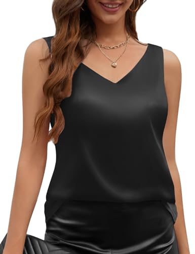 CMTOP Damen Satin Tank Top Strap Basic Cami Sommer Weste Shirt V-Ausschnitt Blusentop Sexy Ämellose Blusen Top Casual Camisole(Schwarz, XXL) von CMTOP