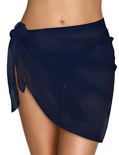 CMTOP Damen Strand Wrap Sarong Vertuschung Chiffon Badeanzug Kurz Bikini Cover up Wickelröcke Sexy Pareos Strandkleider zum Tragen über Badeanzügen(Navy blau, Einheitsgröße) von CMTOP