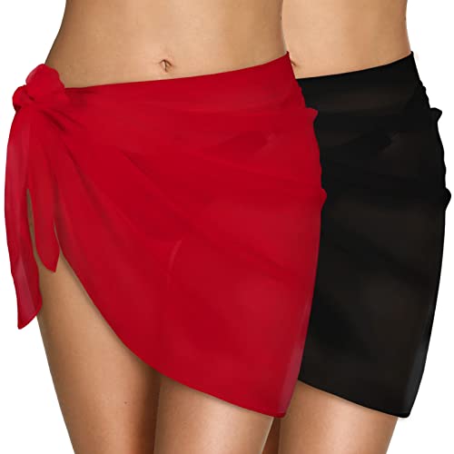 CMTOP Damen Strand Wrap Sarong Vertuschung Chiffon Badeanzug Kurz Bikini Cover up Wickelröcke Sexy Pareos Strandkleider zum Tragen über Badeanzügen(Schwarz+Rot,Einheitsgröße) von CMTOP