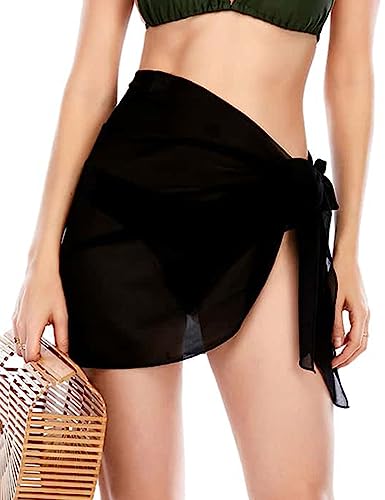 CMTOP Damen Strand Wrap Sarong Vertuschung Chiffon Badeanzug Kurz Bikini Cover up Wickelröcke Sexy Pareos Strandkleider zum Tragen über Badeanzügen(Schwarz,Einheitsgröße) von CMTOP