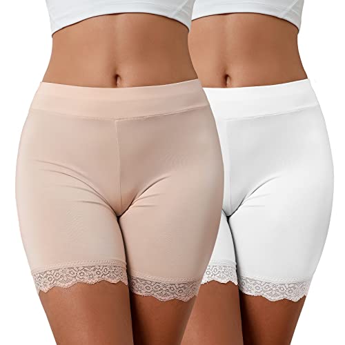 CMTOP Damen Unterhose Unter Rock Kurz Radlerhose Boxershorts Anti-Chafing Spitzen Shorts Hohe Taille Panty Hipster Unterwäsche(Hautfarbe + weiß,M) von CMTOP