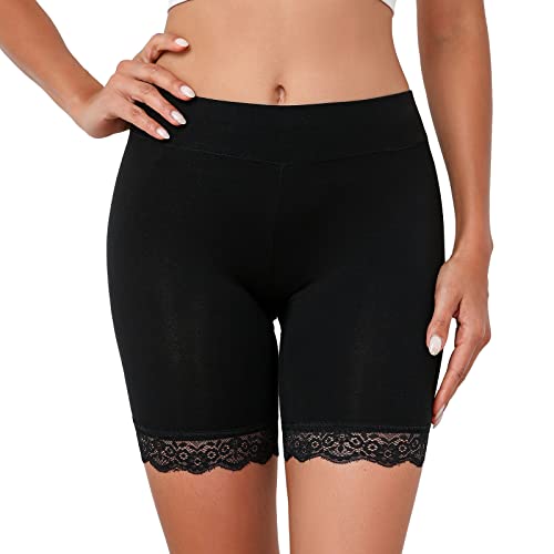 CMTOP Damen Unterhose Unter Rock Kurz Radlerhose Boxershorts Anti-Chafing Spitzen Shorts Hohe Taille Panty Hipster Unterwäsche(Schwarz,L) von CMTOP