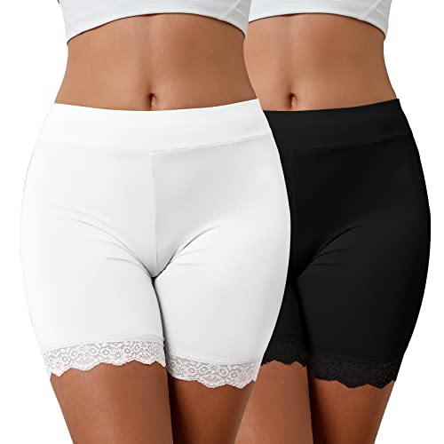 CMTOP Damen Unterhose Unter Rock Kurz Radlerhose Boxershorts Anti-Chafing Spitzen Shorts Hohe Taille Panty Hipster Unterwäsche(schwarz+weiß,L) von CMTOP