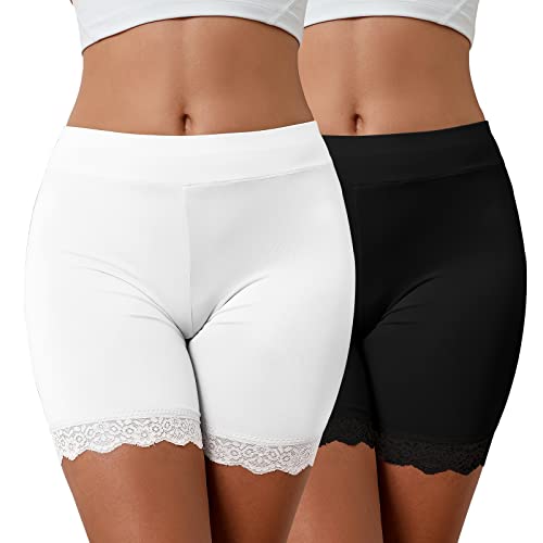 CMTOP Damen Unterhose Unter Rock Kurz Radlerhose Boxershorts Anti-Chafing Spitzen Shorts Hohe Taille Panty Hipster Unterwäsche(schwarz+weiß,M) von CMTOP