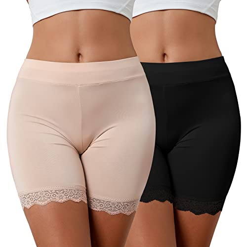 CMTOP Damen Unterhose Unter Rock Kurz Radlerhose Boxershorts Anti-Chafing Spitzen Shorts Hohe Taille Panty Hipster Unterwäsche(schwarz + Hautfarbe,L) von CMTOP