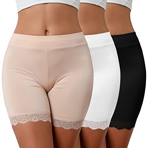 CMTOP Damen Unterhose Unter Rock Kurz Radlerhose Boxershorts Anti-Chafing Spitzen Shorts Hohe Taille Panty Hipster Unterwäsche(schwarz + weiß + Hautfarbe,L) von CMTOP