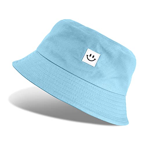 CMTOP Fischerhut Damen Herren Bucket Hat Sonnenhut Damen Anglerhut Baumwolle Outdoor Sommerhut Smile Druck Mütze Mode Draussen Weich und Atmungsaktiv Faltbarer Unisex Strandhut Sommerhut-Blau von CMTOP