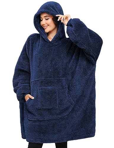 CMTOP Frau Oversized Sherpa Fleece Kapuzenpulli für Winter Women Hooded Blanket Hoody TV-Decke Kapuzenpullis Marineblau von CMTOP