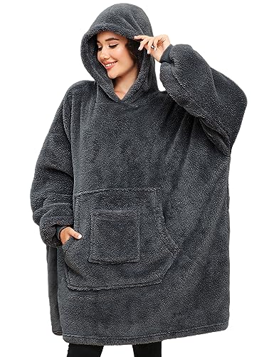 CMTOP Frauen Flauschig Fleece Kapuzenpullover für Herbst Dame Sweater Blanket Pullover Decke mit Ärmeln Hoodies Grau von CMTOP