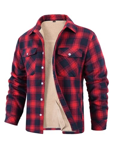 CMTOP Hemdjacke Herren Winterjacke Hemd Gefüttert Hemdjacke Thermo Karierts Freizeithemd mit Multi Taschen Baumwolle Warme Holzfällerhemd(Blau-Rot,XXL) von CMTOP