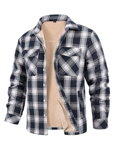 CMTOP Hemdjacke Herren Winterjacke Hemd Gefüttert Hemdjacke Thermo Karierts Freizeithemd mit Multi Taschen Baumwolle Warme Holzfällerhemd(Blau-Weiß,XXL) von CMTOP