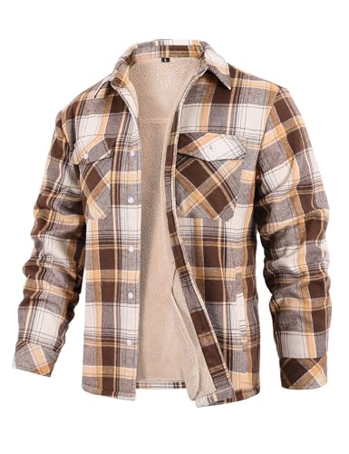 CMTOP Hemdjacke Herren Winterjacke Hemd Gefüttert Hemdjacke Thermo Karierts Freizeithemd mit Multi Taschen Baumwolle Warme Holzfällerhemd(Khaki-Braun,XXL) von CMTOP