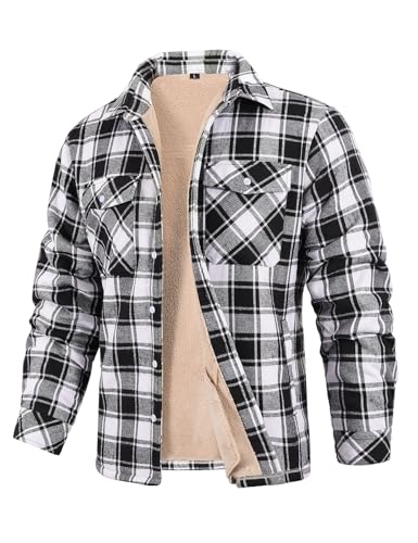 CMTOP Hemdjacke Herren Winterjacke Hemd Gefüttert Hemdjacke Thermo Karierts Freizeithemd mit Multi Taschen Baumwolle Warme Holzfällerhemd(Schwarz-Weiß,L) von CMTOP