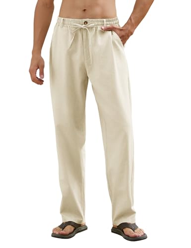 CMTOP Herren Leinenhose Lang Sommer Loose Fit Hose Leicht Einfarbig Freizeithose Elastischer Bund Baumwolle Sommerhose Yoga Urlaub Strandhose mit Kordelzug, Taschen(Beige, L) von CMTOP