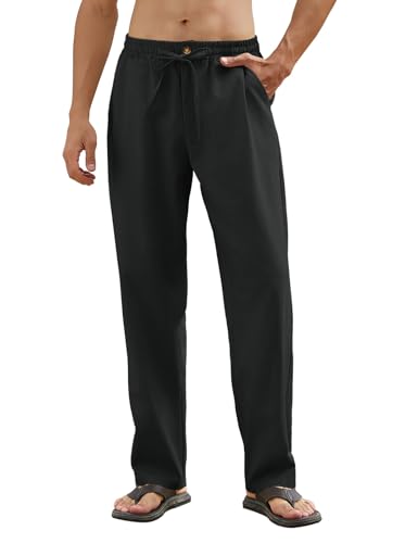 CMTOP Herren Leinenhose Lang Sommer Loose Fit Hose Leicht Einfarbig Freizeithose Elastischer Bund Baumwolle Sommerhose Yoga Urlaub Strandhose mit Kordelzug, Taschen(Schwarz, M) von CMTOP