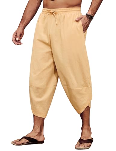 CMTOP Hose Herren Leichte 3/4 Sommerhose Baggy Freizeithose Strandhose Yoga Hose Elastische Taille Baumwolle Haremshose mit Kordelzug und Taschen von CMTOP