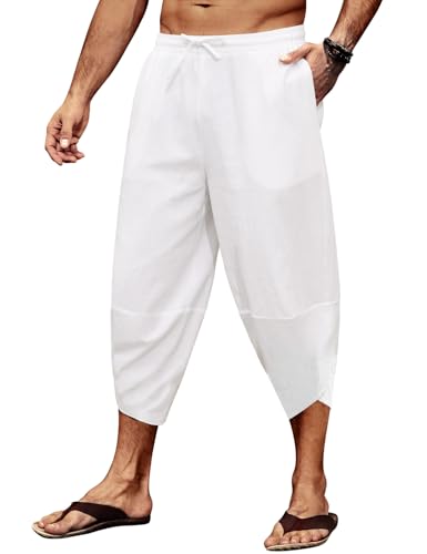 CMTOP Hose Herren Leichte 3/4 Sommerhose Baggy Freizeithose Strandhose Yoga Hose Elastische Taille Baumwolle Haremshose mit Kordelzug und Taschen von CMTOP