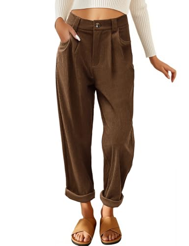 CMTOP Hosen Damen Cordhose Freizeithose Elastische Hohe Taille Tapered Hose Gerades Bein Casual Hosen mit Taschen Bequem Elegant Herbst Winter Stoffhose (Braun, XXL) von CMTOP