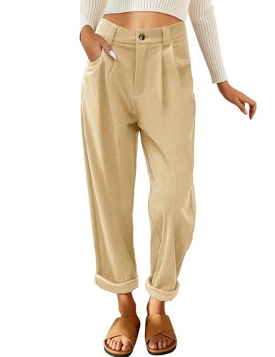 CMTOP Hosen Damen Cordhose Freizeithose Elastische Hohe Taille Tapered Hose Gerades Bein Casual Hosen mit Taschen Bequem Elegant Stoffhose (Khaki, L) von CMTOP