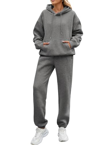 CMTOP Jogginganzug Damen Fleece Zweiteiler Trainingsanzug Weich Baumwolle Hausanzug Hoodies Loungewear Set Dick Tracksuit Warm Freizeitanzug Casual Activewear mit Kordelzug, Taschen(Dunkelgrau, L) von CMTOP