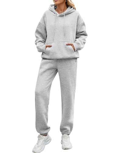 CMTOP Jogginganzug Damen Fleece Zweiteiler Trainingsanzug Weich Baumwolle Hausanzug Hoodies Loungewear Set Dick Tracksuit Warm Freizeitanzug Casual Activewear mit Kordelzug, Taschen(Hellgrau, L) von CMTOP